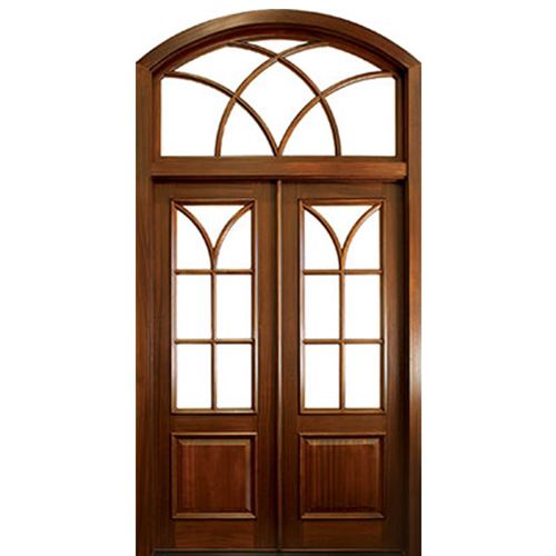 96" Tall 7 Lite Exterior Mahogany Double Doors with Panel Bottoms and Arched Transom