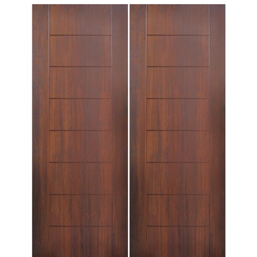 Flush Fiberglass Exterior Double Doors with Modern Grooves Design, Mahogany Wood Grain Texture