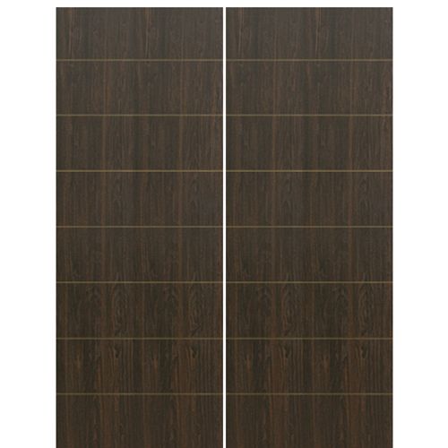 Flush Fiberglass Exterior Double Doors with Horizontal Grooves, Mahogany Wood Grain Texture