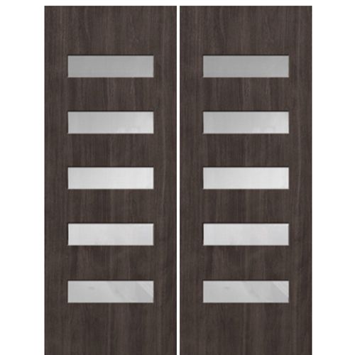 Modern Fiberglass Double Doors with Slim Horizontal Glass Panels, Mahogany Wood Grain Texture