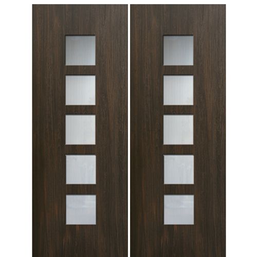 Modern Fiberglass Double Doors with Square Glass Panels, Mahogany Wood Grain Texture