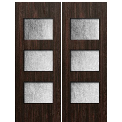 80" (6'-8") Tall Contemporary 3-Lite Fiberglass Double Doors, Mahogany Wood Grain Texture