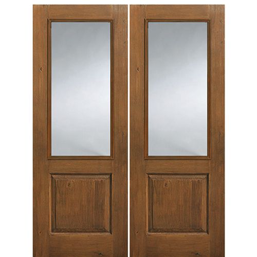 2/3 Lite Fiberglass Double Entry Door with Privacy or Clear Glass and Knotty Alder Wood Grain