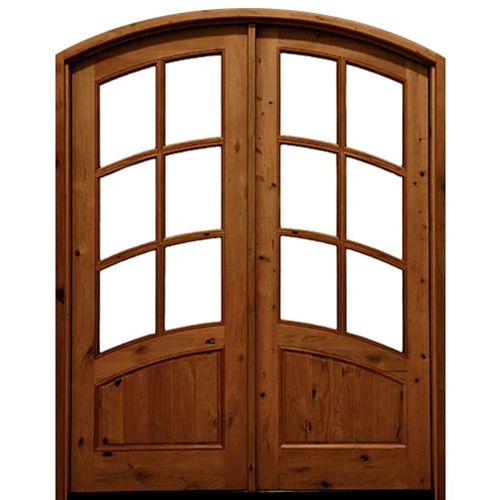 Pre-hung 6-Lite TDL Knotty Alder Double Doors Eyebrow Radius Top with Grooved Bottom Panel and Clear Beveled Glass