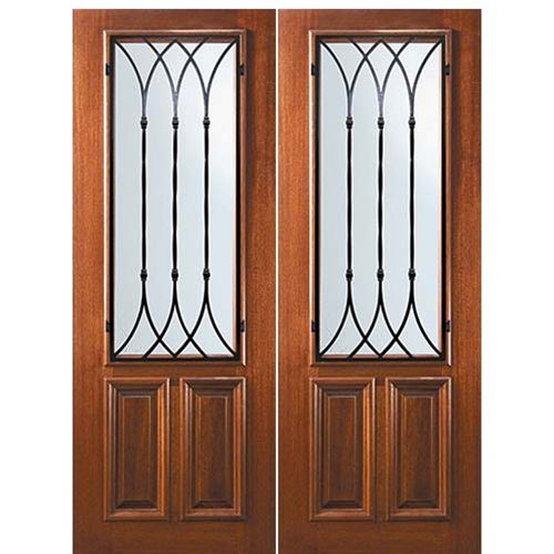 8'-0" Tall Mahogany 2/3 Lite Double Doors with Warwick Wrought Iron Grille