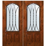6'-8" Tall Knotty Alder Arch Lite Double Doors with Warwick Wrought Iron Grille