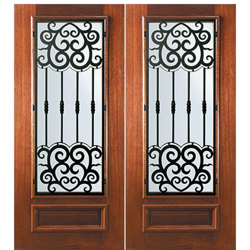 6'-8" Tall Mahogany 3/4 Lite Double Doors with Barcelona Wrought Iron Grille