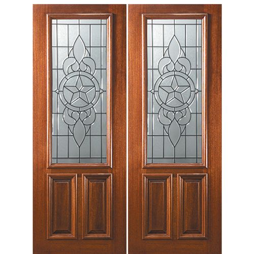 8'-0" 2/3 Lite Mahogany Wood Double Entry Door with Brazos Decorative Glass