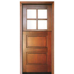 Prehung 6'-8" Tall 4 Lite Square Glass Top Mahogany Dutch Door with 2 Panel Horizontal Bottom Panel