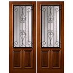 Pair of 96" Tall Solid Mahogany Exterior Doors with 2/3 Lites and "Lavaca" Wrought Iron