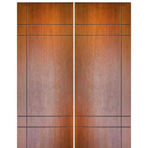 Pair of 96" Tall Mahogany Contemporary Flush Entry Doors with 2 Sets of Horizontal Grooves