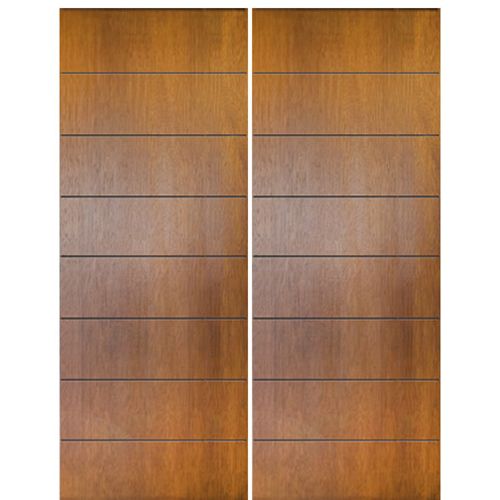 Pair of 96" Tall Mahogany Contemporary Entry Doors with 7 Horizontal Grooves