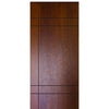 Modern Flush Fiberglass Entry Door with Horizontal and Vertical Grooves, Mahogany Wood Grain Texture