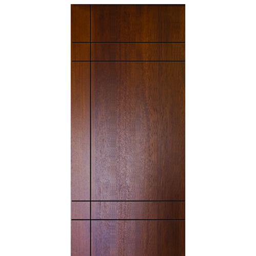 Modern Flush Fiberglass Entry Door with Horizontal and Vertical Grooves, Mahogany Wood Grain Texture