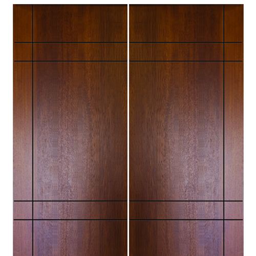 Modern Flush Fiberglass Double Doors with Horizontal and Vertical Grooves, Mahogany Wood Grain Texture
