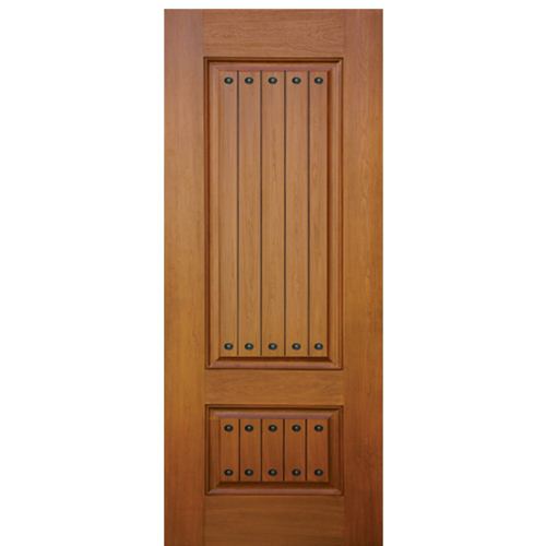 2-Panel Mahogany Grain V-Grooved Fiberglass Entry Door with Decorative Clavos