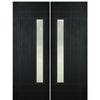 Prehung Modern Fiberglass Double Doors with Vertical Glass Panel, Mahogany Wood Grain Texture