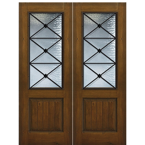 96" Tall 1-Panel 2/3 Lite Republic Design Fiberglass Entry Double Door with Knotty Alder Wood Grain