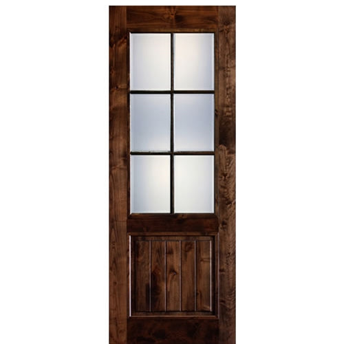 6-Lite 1-Panel True Divided Lite (TDL) Knotty Alder Wood Entry Door with V-Grooved Panel