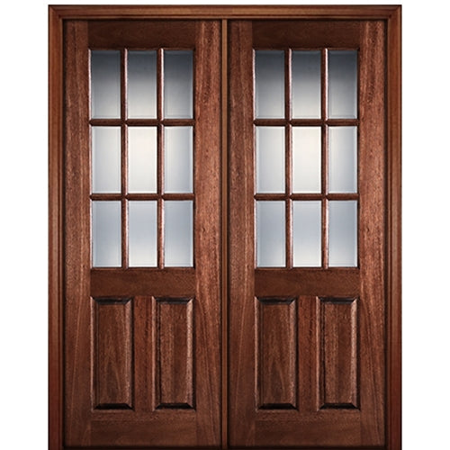 96" Tall 9-Lite 2-Panel True Divided Lite (TDL) Mahogany Wood Entry Double Door