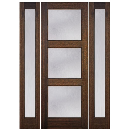 96" Tall Contemporary 3-Lite Mahogany Wood Entry Door with Full Lite Sidelites