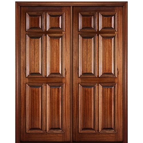 96" Tall 6 Panel Solid Mahogany Wood Entry Double Door with Raised Moulding