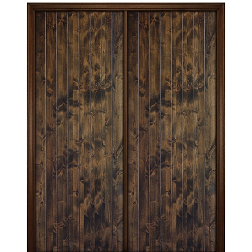 96" Tall V-Grooved Plank Solid Knotty Alder Entry Double Door
