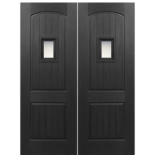 72" x 80" 2-Panel Arch V-Groove Fiberglass Entry Double Door with glass speakeasy and optional iron masks