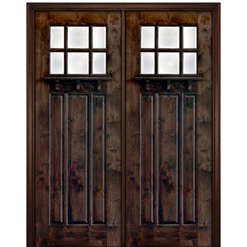 96" Tall  6-Lite 3-Panel Craftsman Style True Divided Lite (TDL) Knotty Alder Wood Entry Double Door