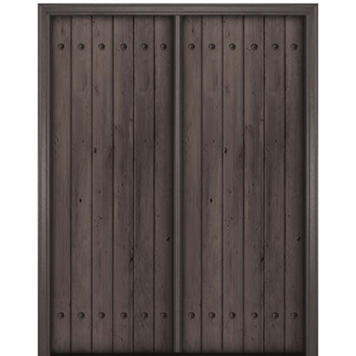 96" Tall Knotty Alder Square Top Plank Entry Double Door with Decorative  Clavos