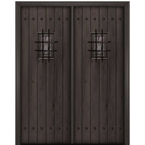 96" Tall Knotty Alder Square Top Plank Entry Double Door with Speakeasy and Decorative Clavos