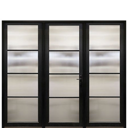 Prehung Horizontal 4-Lite Fiberglass Narrow Profile Entry Door With 2 Fixed Sidelites And Multi-Point Lock System