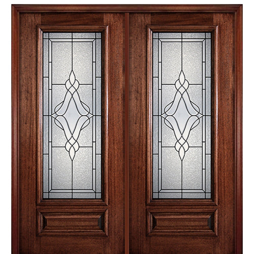 DG MAH Trinity 3/4 Lite 68-2 | 6'-8" Full Lite Mahogany Wood Entry Double Door with Trinity Decorative Glass