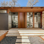 Inglewood FG | Modern Flush Fiberglass Entry Door with Horizontal and Vertical Grooves, Mahogany Wood Grain Texture