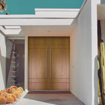 Inglewood FG | Modern Flush Fiberglass Entry Door with Horizontal and Vertical Grooves, Mahogany Wood Grain Texture