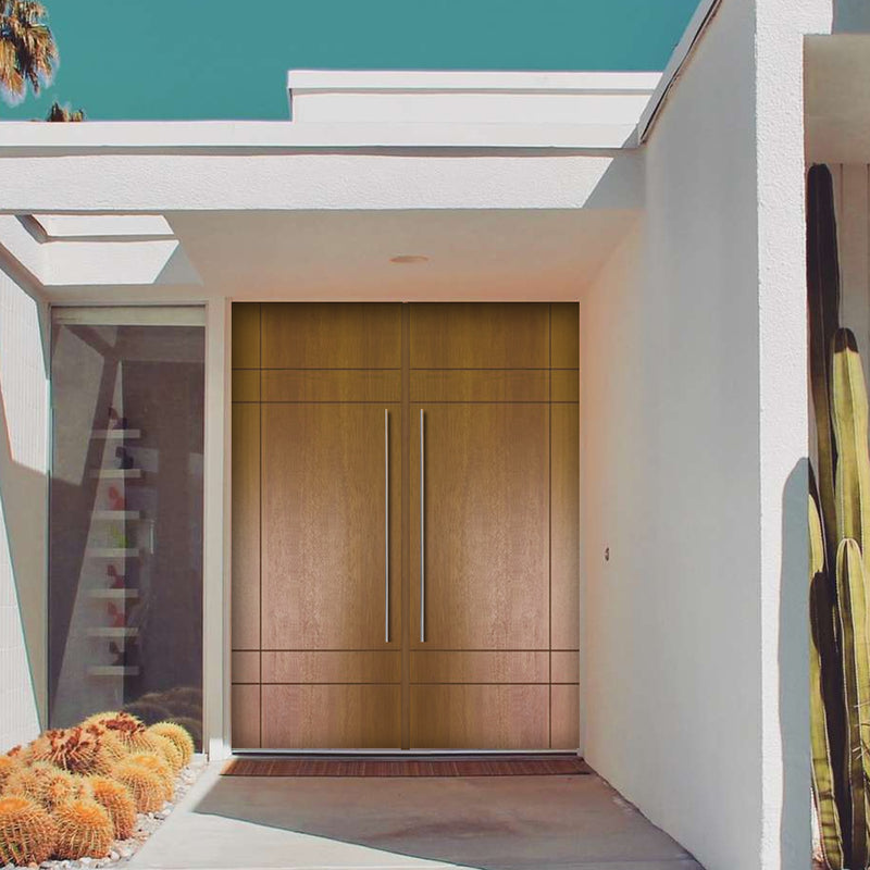 Inglewood FG | Modern Flush Fiberglass Entry Door with Horizontal and Vertical Grooves, Mahogany Wood Grain Texture