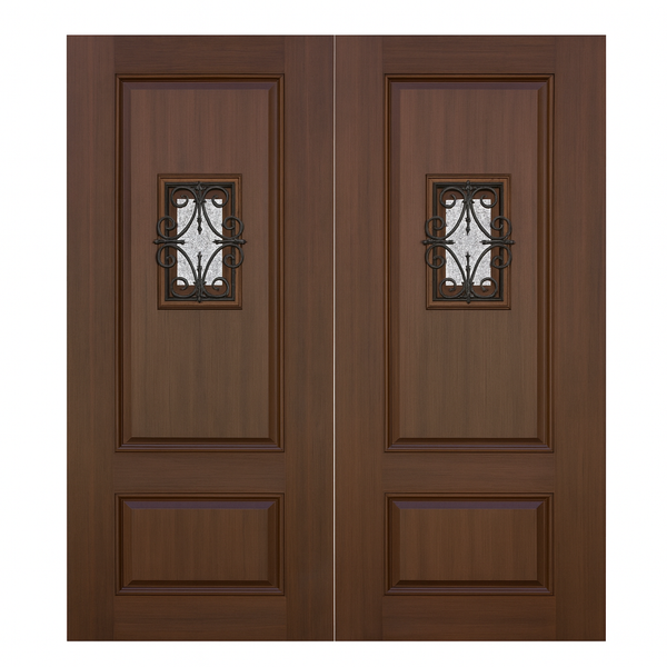2-Panel-SQ-SP-2 | 2-Panel Mahogany Grain Fiberglass Double Entry Doors with Speakeasy