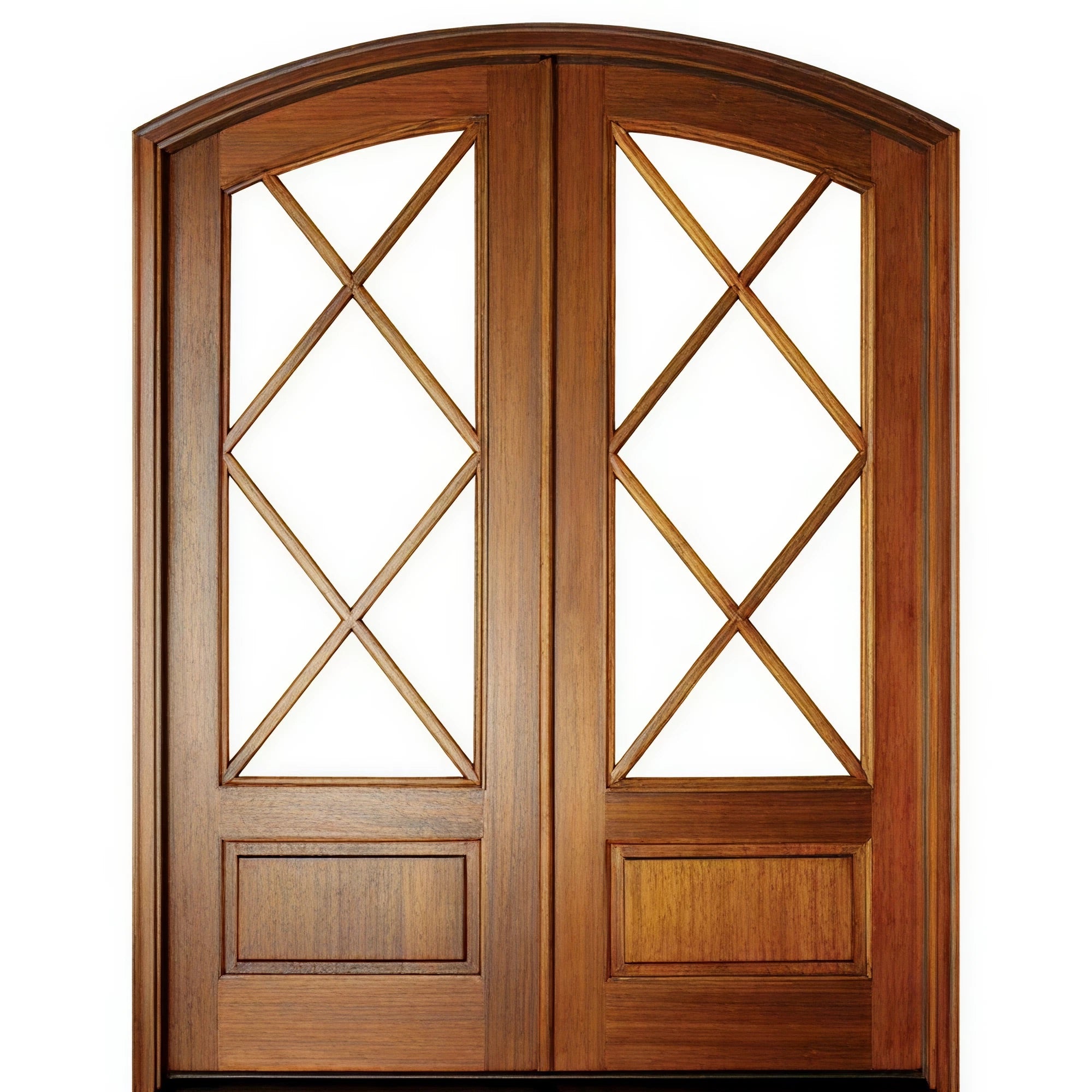 Tiffany Diamond 7LT 8/0 E-17 | Pre-hung Unique Diamond Shaped True Divided 7-Lite Eyebrow Radius Top Mahogany Double Doors