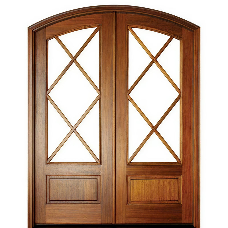 Tiffany Diamond 7LT 8/0 E-17 | Pre-hung Unique Diamond Shaped True Divided 7-Lite Eyebrow Radius Top Mahogany Double Doors