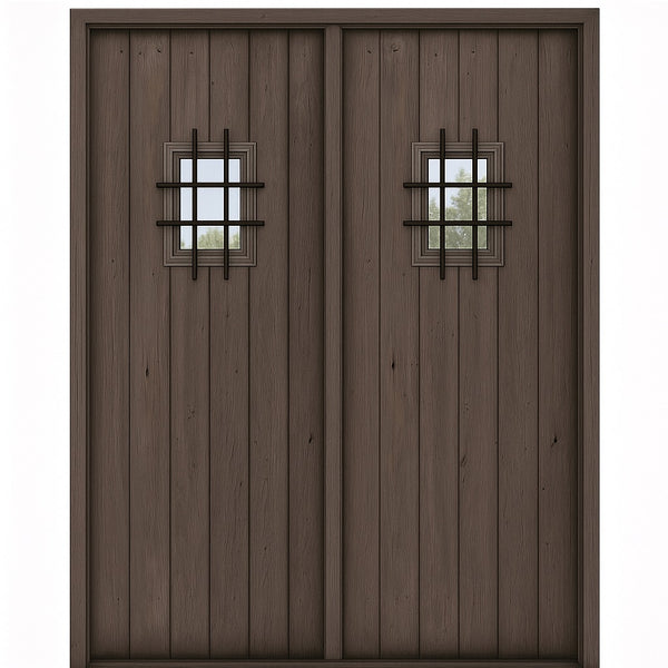 KA SQ Top Plank with Speakeasy-2 | 96" Tall Knotty Alder Square Top Plank Entry Double Door with Speakeasy