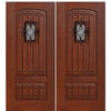 2-Panel V-Grooved Fiberglass Double Entry Doors with Cherry Wood Grain, Speakeasy and Clavos