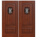 2-Panel V-Grooved Fiberglass Double Entry Doors with Cherry Wood Grain, Speakeasy and Clavos