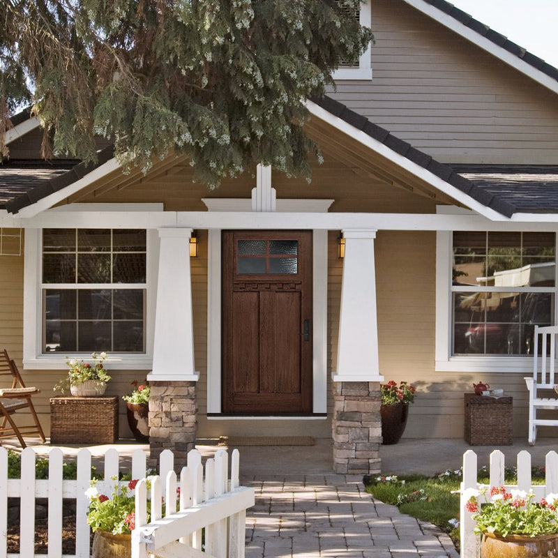 Craftsman 4 Lite SDL | 80" Tall Craftsman Style 4-Lite SDL Fiberglass Entry Door with Mahogany Wood Grain