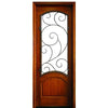 36''x96'' Mahogany Entry Door with Arched Glass Panel and Burlwood Decorative Wrought Iron Grille