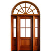 80" Tall 4-Lite TDL Mahogany Wood Entry Door with Two Sidelites and Half Round Transom with Clear Beveled Low-E Glass