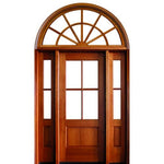 80" Tall 4-Lite TDL Mahogany Wood Entry Door with Two Sidelites and Half Round Transom with Clear Beveled Low-E Glass