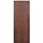 Flush Fiberglass Exterior Door with Modern Grooves Design, Mahogany Wood Grain Texture 