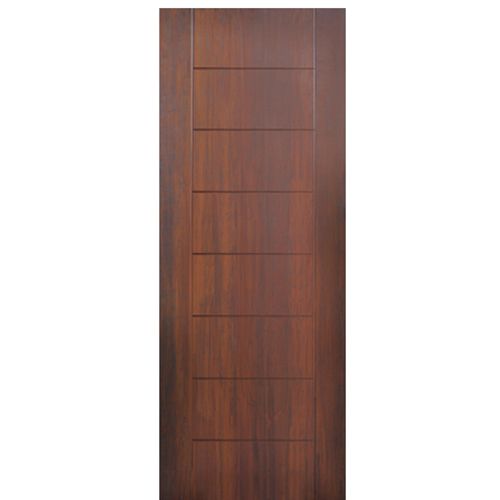 Flush Fiberglass Exterior Door with Modern Grooves Design, Mahogany Wood Grain Texture 