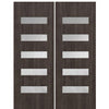 Modern Fiberglass Double Doors with Slim Horizontal Glass Panels, Mahogany Wood Grain Texture 