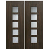 Modern Fiberglass Double Doors with Square Glass Panels, Mahogany Wood Grain Texture 